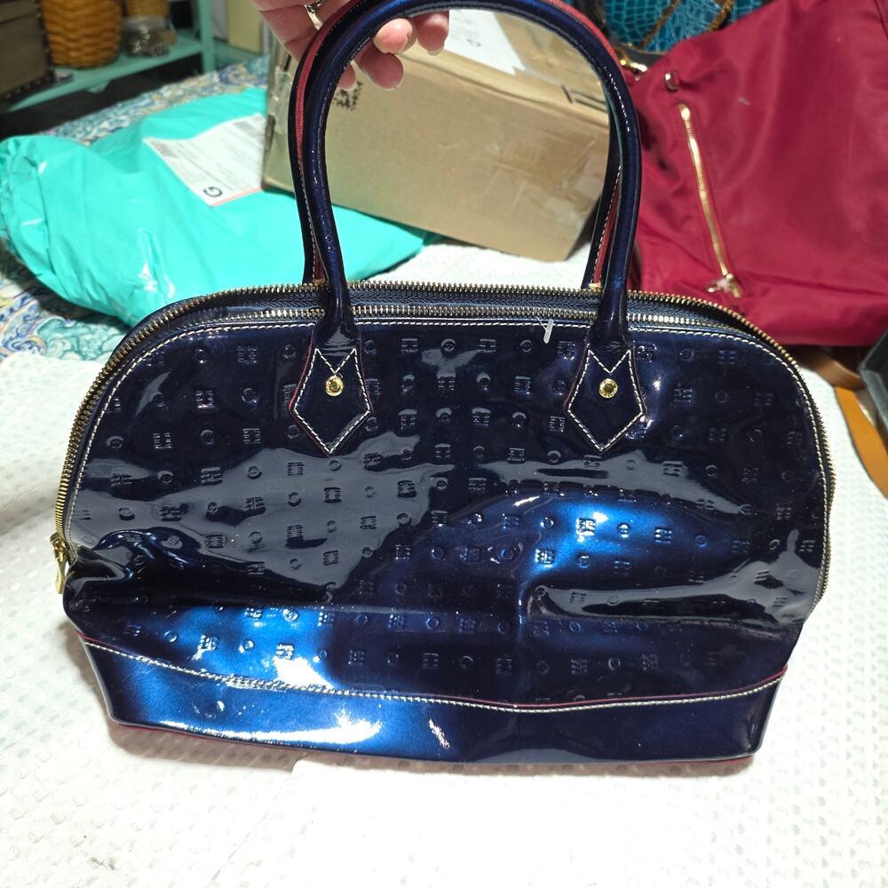 ARCADIA DEEP BLUE PATENT LEATHER EMBOSSED SATCHEL BAG